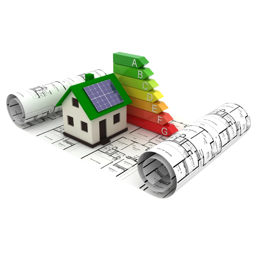 dom z instalacją fotowoltaiczną i klasą energetyczną budynku na projekcie