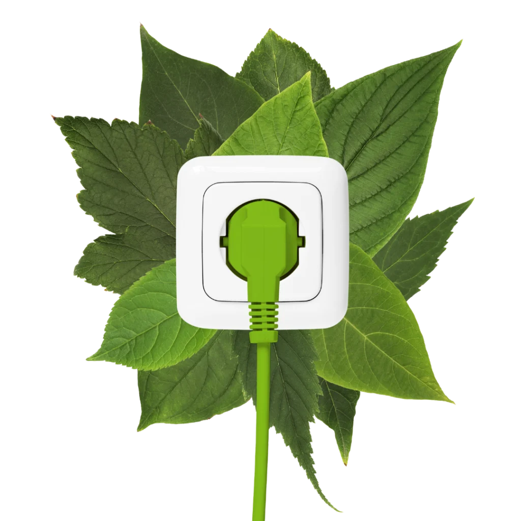 Gniazdko elektryczne z zieloną wtyczką na tle liści symbolizujące energię odnawialną